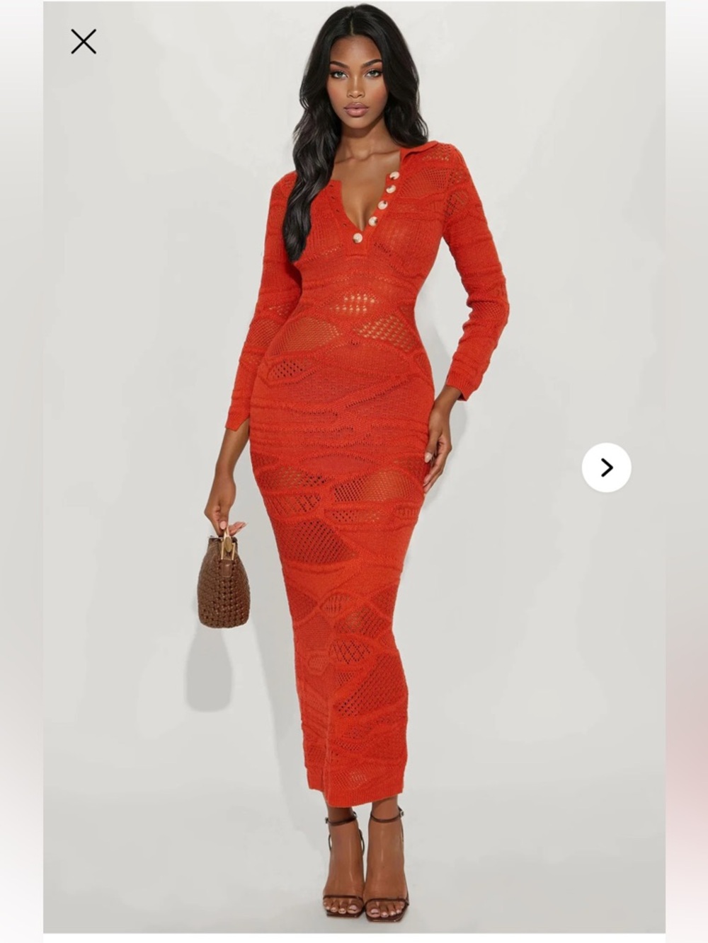 Fashion Nova Red Crochet Long Sleeve Maxi Dress